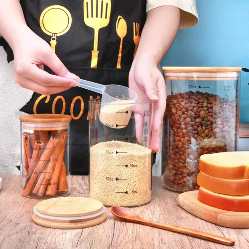Miniatura 5 de Contenedores de almacenamiento de vidrio con tapas, tarros de vidrio con tapas de bambú, juego de recipientes para pasta, frutos secos, granos