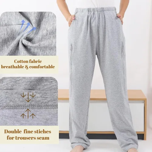 Miniatura 7 de Pantalones de catéter para hombres y mujeres, pantalones con soporte para bolsas de orina y piernas con bolsillos dobles con cremallera para dos