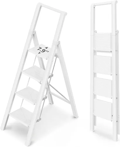 WOA WOA Escalera de 4 escalones para techo de 10 pies de alto, escalera plegable ligera con pedales anchos antideslizantes, taburete con barandilla