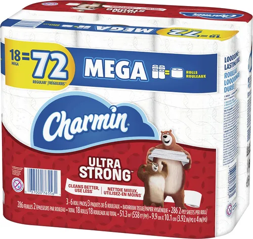 Charmin Ultra Strong - Papel higiénico, Mega rollo, 18 rollos de 286 hojas por rollo