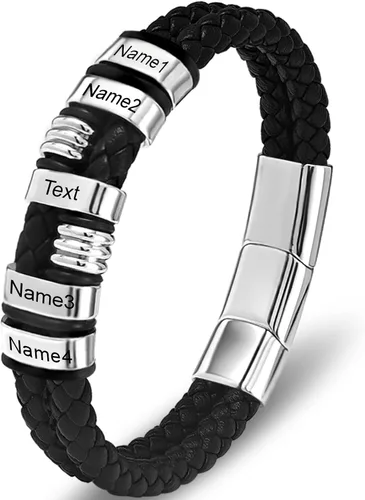 Miniatura 24 de Pulsera personalizada para hombre con cuentas de nombre personalizadas, pulsera de cuero trenzado personalizada grabada con 2-6 nombres