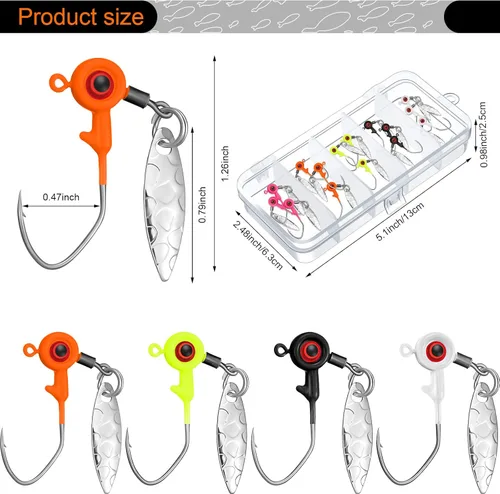 Miniatura 3 de Skylety Juego de 15 cabezas de plantilla de pesca, señuelos de pesca, anzuelos, cabezas de camino con caja de plástico giratoria, para lubina