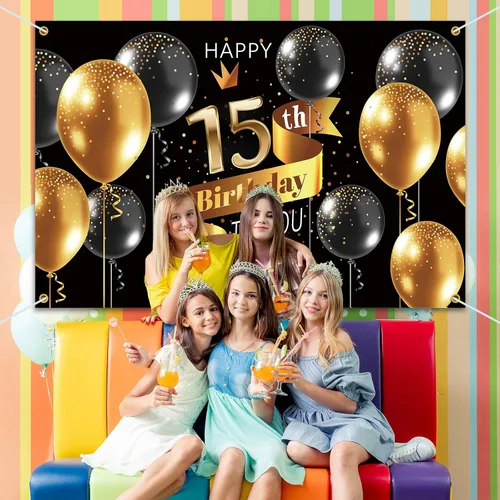 Miniatura 7 de Cartel de fondo de feliz cumpleaños 15 – Suministros de decoración de fiesta de cumpleaños 15 para niños – Oro negro 3.9 x 5.9 pies