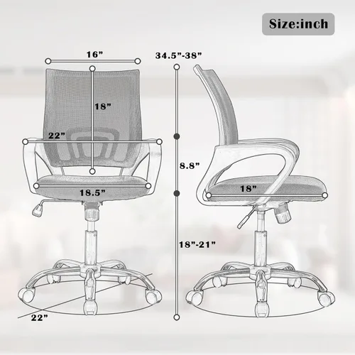 Miniatura 3 de MKDLUFEI Silla de Oficina, Silla Ergonómica Económica con Soporte Lumbar, Ajustable con Respaldo Medio, Giratoria y con Ruedas, para Oficina