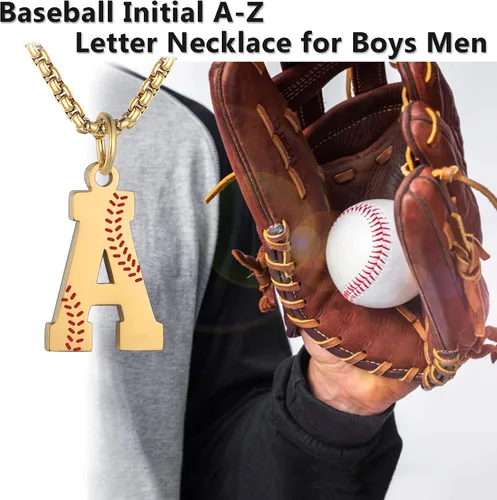 Miniatura 6 de Susook Collar con inicial de béisbol para niños, dije de letra A-Z, cadena de acero inoxidable de 22 + 2 pulgadas, regalo de béisbol personalizado