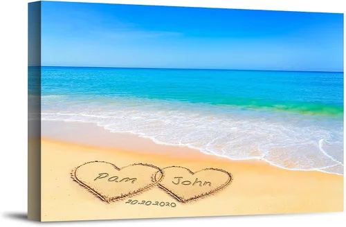 Miniatura 17 de Corazón y corazón en hermoso amanecer fotos personalizadas únicas o impresiones en lienzo con nombres de pareja y fecha especial en la playa, regalo