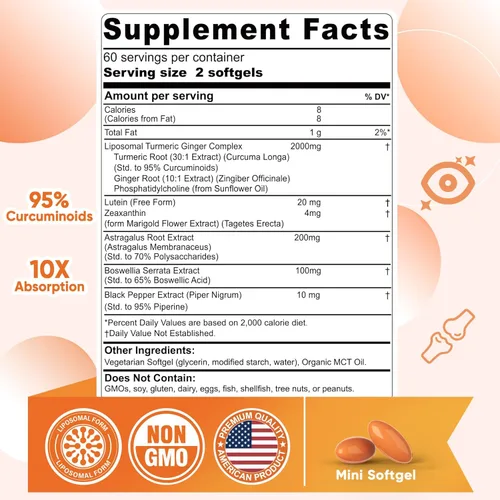 Miniatura 2 de Pastillas de suplemento liposomal de cúrcuma y jengibre de 2000 mg + 20 mg de luteína 20 mg de zeaxantina, curcumina orgánica de cúrcuma