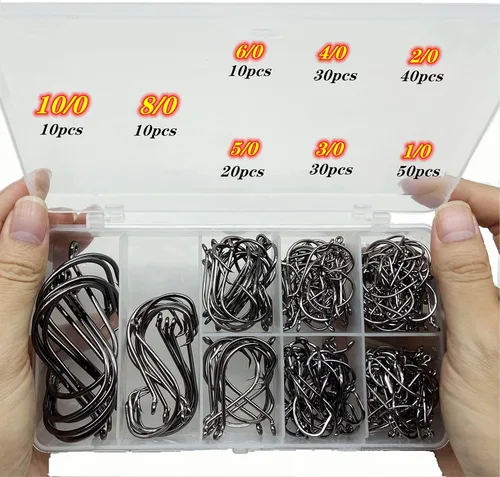 200 unids/caja (tamaño: 10/0... a... 1/0 ganchos de pesca de pulpo fuertes, acero forjado/diseño con barras, punto fuera de establecimiento/ojo