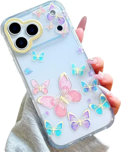 Miniatura 24 de Funda transparente con chispas brillantes para iPhone 15 Pro Max para mujeres y niñas, patrón de mariposas doradas, rosa y azul, funda protectora