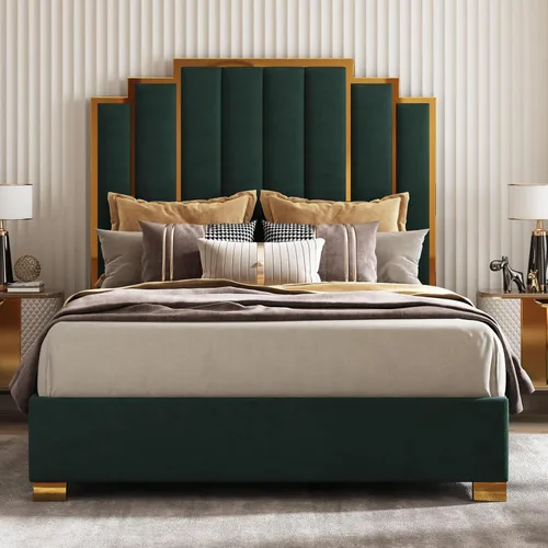 Miniatura 14 de AMERLIFE Cama tapizada tamaño Queen, marco de cama de terciopelo moderno con cabecera de ribete dorado de 61.4 pulgadas de alto, no necesita somier