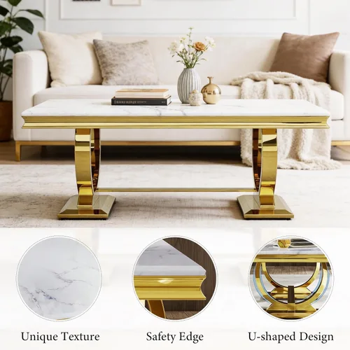Miniatura 4 de Asday Mesa de centro dorada y blanca, mesa de centro rectangular de mármol dorado, mesa central elegante de lujo para sala de estar, pasillo
