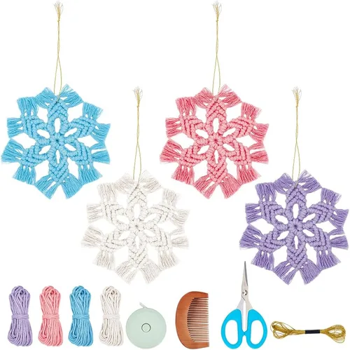 INFUNLY Juego de 4 kits DIY de copo de nieve de macramé Adornos de ornamento de macramé floral bohemio para Navidad Colgante de pared de copo de