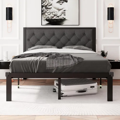 Miniatura 9 de Feonase Marco de cama de metal tamaño doble con cabecera capitoné de cuero sintético con botones, marco de cama tipo plataforma resistente