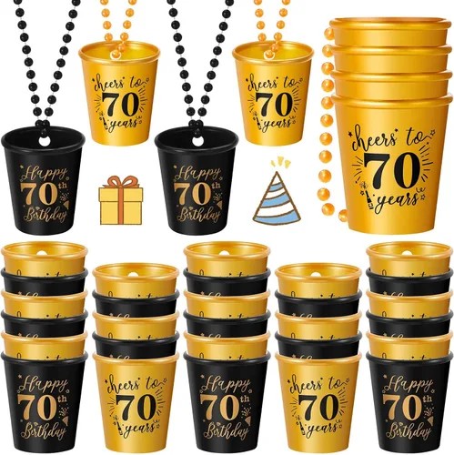Miniatura 7 de Sureio 24 piezas de 50 cumpleaños regalos de fiesta de chupito collares tazas a granel para mujeres, hombres invitados, tazas de plástico dorado