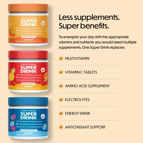 Miniatura 7 de Forgge Polvo de Mezcla para Bebida Energética Saludable - Cafeína Limpia + Vitaminas B12, B6, C y D - Polvo de Bebida Energética sin Azúcar