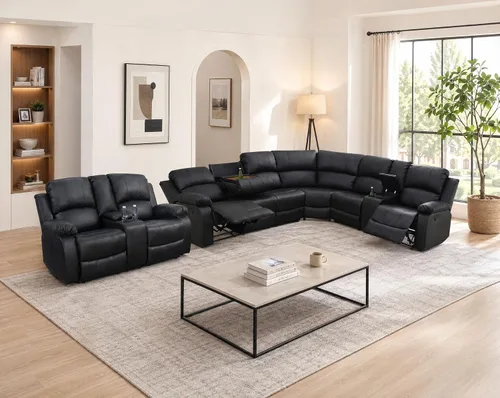 Miniatura 9 de Juego de sofá seccional reclinable manual, juegos de muebles de sala de estar de cuero regenerado en forma de L, sofá de esquina seccional