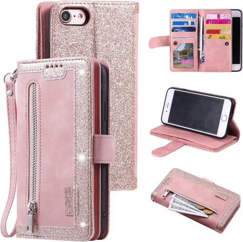 Miniatura 11 de UEEBAI Funda tipo cartera para iPhone SE 2022 5G/iPhone 7/iPhone 8/iPhone SE 2020, retro con 9 ranuras para tarjetas, bolsillo con cremallera, funda