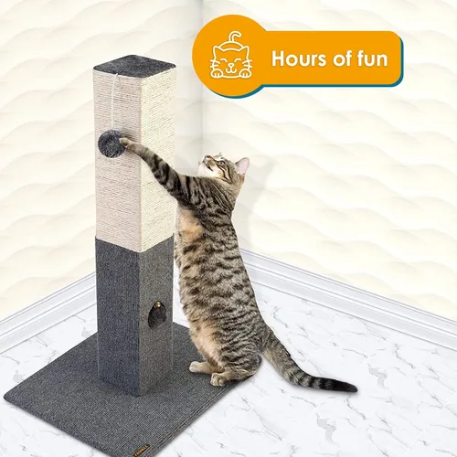 Miniatura 5 de Pawbee Poste rascador para gatos de 32 pulgadas con cascabel y softball, torre de cuerda de sisal para adultos de interior, gatos grandes, gris