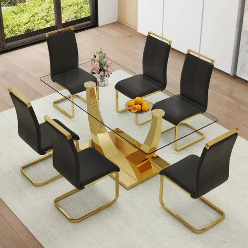 Miniatura 10 de Juego de Mesa de Comedor Negra para 6, Mesa de Comedor de Mármol Falso de 71" para 6, Juego de Mesa de Cocina Rectangular con Sillas de Cuero PU