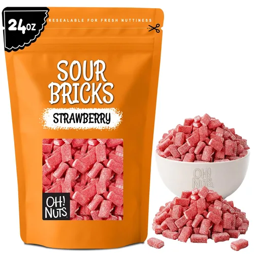 Oh! Nuts Sour Bricks: Sour Strawberry - Bolsa resellable a granel de 24 onzas - Arco iris - Gomitas - Caramelos - Para toda ocasión - Fiestas de