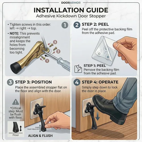 Miniatura 6 de HOME&I Tope de puerta abatible de 4 pulgadas con placa de montaje autoadhesiva grande, tope de puerta ajustable resistente, soporte de puerta Níquel