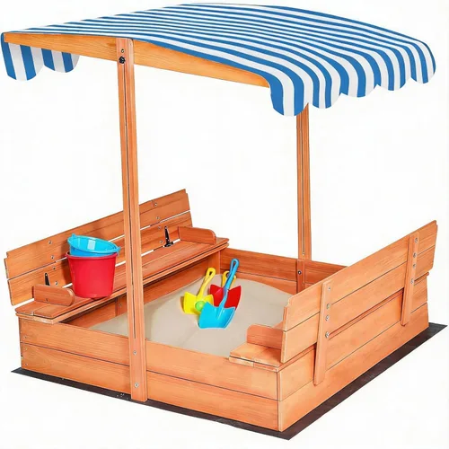 Caja de arena de madera para niños con cubierta, asientos de banco plegables, techo retráctil, juego al aire libre, gran pozo de arena con tapa