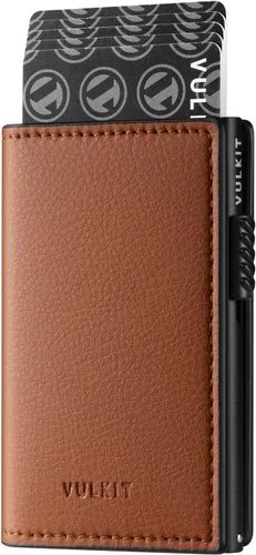 VULKIT Cartera minimalista de cuero de grano con protección RFID con capacidad para hasta 10 tarjetas, Litchi Brown, Minimalista Litchi Rojo Oscuro