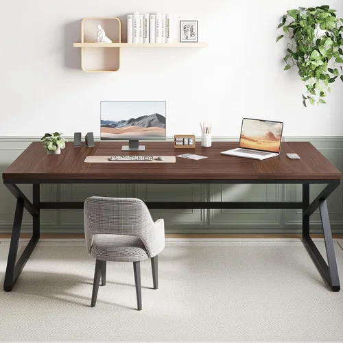 Miniatura 15 de HSH Escritorio Largo de 70 Pulgadas Negro, Escritorio Grande de Metal y Madera para 2 Monitores, Escritorio Moderno para Computadora de Oficina