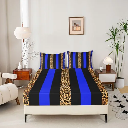 Miniatura 5 de Manfei Leopard Print Fitted Sheet Twin Size,Blue Brown Black Stripes Bedding Set 2pcs,Wild Animal Cheetah Skin Bed Sheets with 1 Pillowcase,Kids