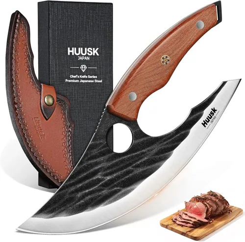 Miniatura 11 de Huusk Cuchillos vikingo para cortar carne, pequeño cuchillo Ulu, forjado a mano, cuchillos Ultimo cavernícolas de espiga completa para cocina