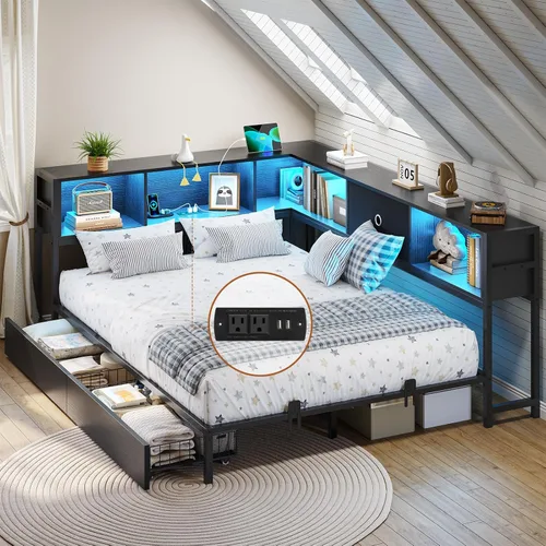 Miniatura 13 de DICTAC Marco de cama esquinero con 2 cajones de almacenamiento y cabecero de estantería individual XL, marco de cama de plataforma de metal con Negro
