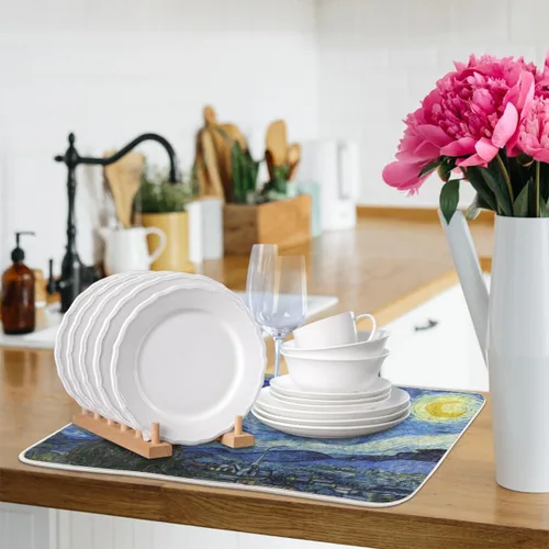 Miniatura 8 de Tapete de secado de platos de cielo estrellado para cocina, tapete de café, absorbente de agua, resistente al calor, tapete de microfibra