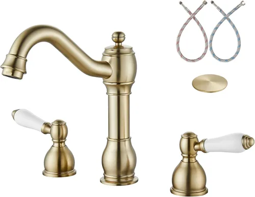 Miniatura 13 de Aolemi Grifo mezclador de lavabo de baño de 8 pulgadas, 3 agujeros, montaje en cubierta, con montaje de drenaje emergente, mango de doble palanca