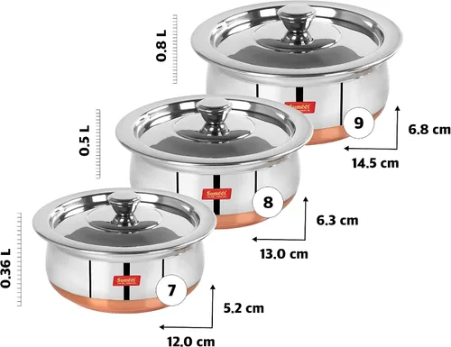 Miniatura 4 de Sumeet Juego de ollas de acero inoxidable con tapa de 12.2 fl oz, 16.9 fl oz, 27.1 fl oz, color plateado