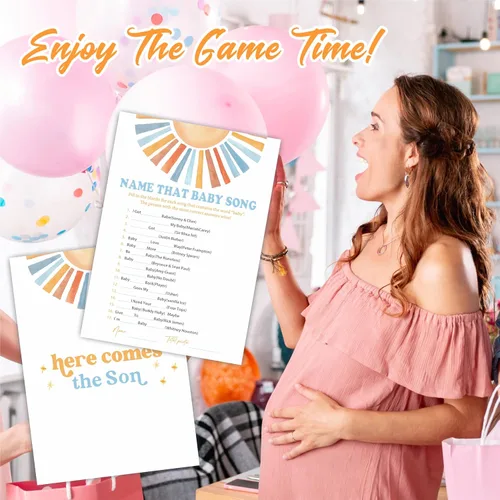 Miniatura 4 de Name That Baby Song Baby Shower Juego Kit – Acuarela Retro Sun – 30 tarjetas de juego de relleno de doble cara para baby shower, revelación