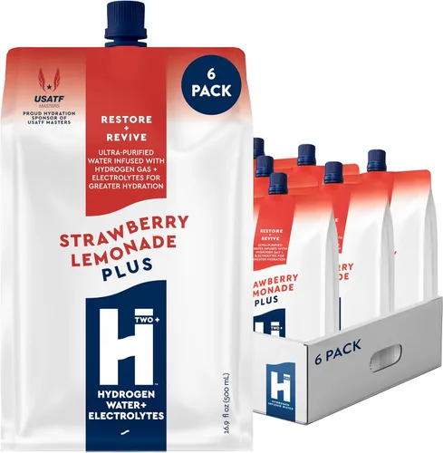 HTWO Plus Agua de hidrógeno molecular con electrolitos, sabor a limonada de fresa, paquetes de hidratación sin azúcar, paquete de 6 unidades de 16.9