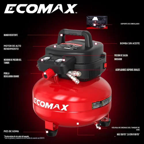 Miniatura 2 de ECOMAX Compresor de aire 6 galones 150 PSI portátil redondo libre de aceite con kit de accesorios de 10 piezas