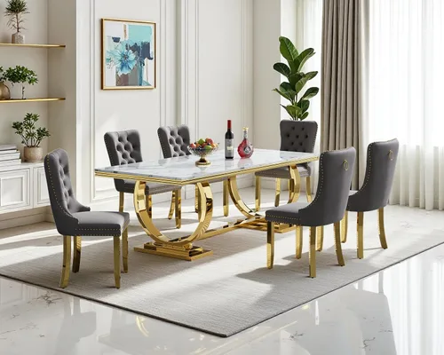 Miniatura 13 de Moderno juego de mesa de comedor de mármol sintético de 68.11 pulgadas para 6, mesa de comedor de mármol blanco y plateado con 6 sillas de Blanco