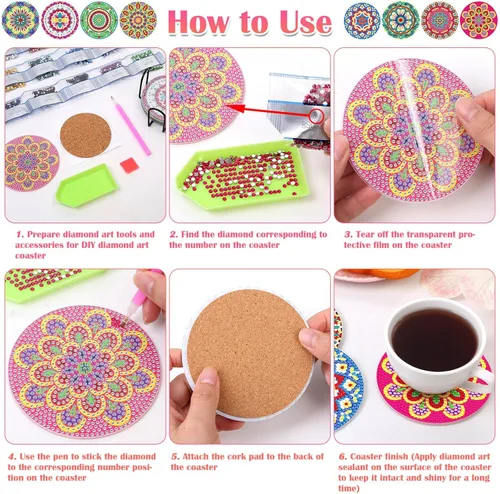Miniatura 5 de Billbotk Juego de 8 posavasos de pintura de diamantes con soporte, posavasos de arte de diamante, artes y manualidades para adultos, pequeños kits