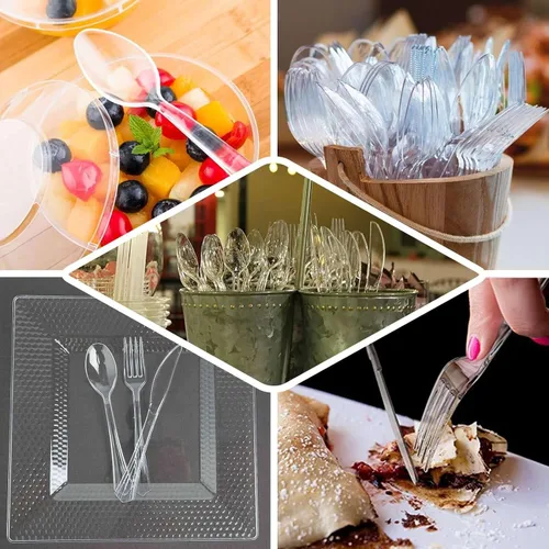 Miniatura 5 de Efavormart - Juego de 24 cubiertos de plástico transparente negro resistente con mango de punta acampanada, cuchara de tenedor desechable