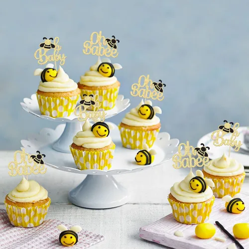 Miniatura 6 de Gyufise 24 piezas de adornos para cupcakes de abeja con purpurina dorada, adornos dorados para pasteles Oh Baby, adornos para cupcakes Oh Babee