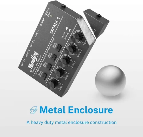 Miniatura 3 de Moukey Mini Mezclador de Audio, DC 5V, 4 Estéreo Ultra, Mezclador de Línea de 4 Canales de Bajo Ruido para Sub-Mezcla, para Pequeños Clubes o Bares