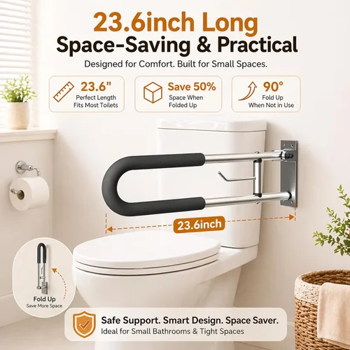 Miniatura 7 de Barra de agarre plegable para inodoro con soporte para papel, riel de seguridad para discapacitados de baño montado en la pared de 24 pulgadas