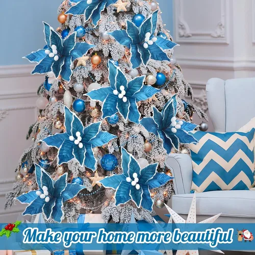 Miniatura 5 de Zeyune 6 Piezas Flores de Pascua Azules de Navidad Artificiales Grandes Espinas de Pascua Falsas Flores de Franela con Borde Helado para Adornos