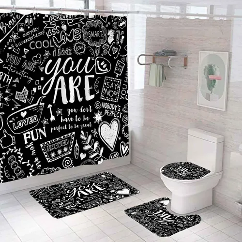 Miniatura 20 de Juego de 4 cortinas de ducha con citas inspiradoras, escaleras de arte en blanco y negro, decoración de baño motivacional para hombres, cortina