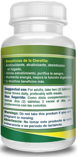 Miniatura 5 de Clorofila en tabletas. Set de 2 frascos con 120 tabletas CADA uno. Desintoxicica y purifica la Sangre, ayuda a la digestión, combate estrenimiento
