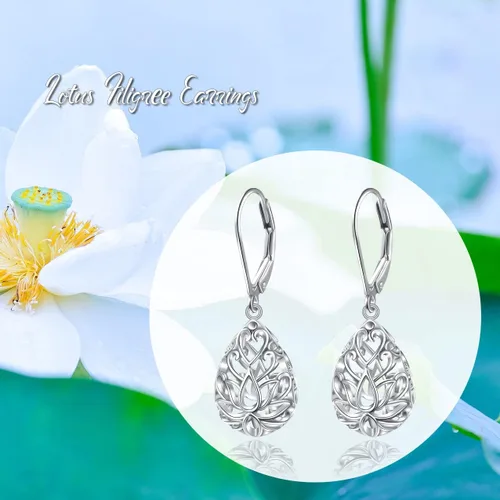 Miniatura 55 de Aretes colgantes de filigrana de plata de ley 925, margarita, loto, flor de rosa, piedra lunar, lágrima para mujer, nudo celta infinito, margarita