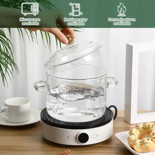 Miniatura 3 de ERINGOGO Olla de sopa de vidrio con tapa, 64 onzas, resistente al calor, olla de cocción de borosilicato para estufa eléctrica, transparente a fuego