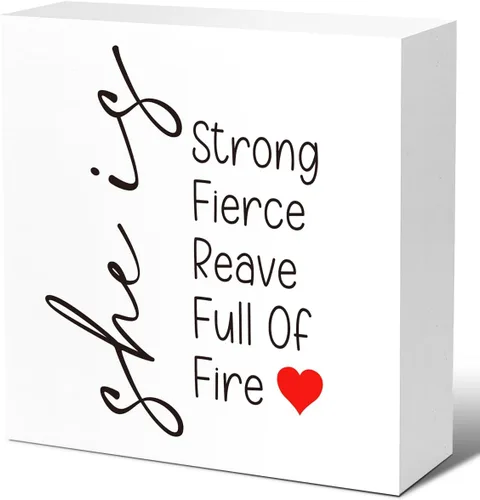 LVQHI Letrero de madera inspirador para mujer, con texto en inglés «She is Strong Fierce Reave Full of Fire», para el hogar, dormitorio, oficina,