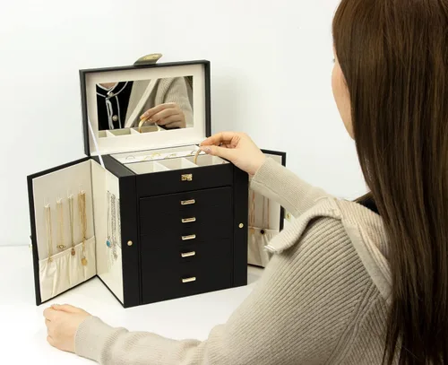 Miniatura 6 de KAMIER Joyero para mujer, caja organizadora grande de 6 capas con espejo y 5 cajones para anillos, aretes, collares, pulseras, color negro